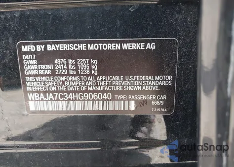 2017 BMW 530I xDrive z USA, uszkodzony, nr VIN WBAJA7C34HG906040